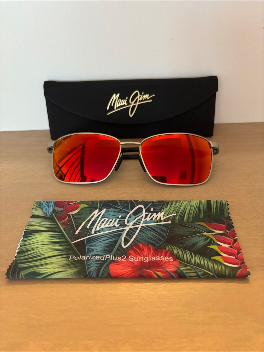 Maui Jim Men’s/Unisex Silver and Black Frame Sunglasses with Red Lenses